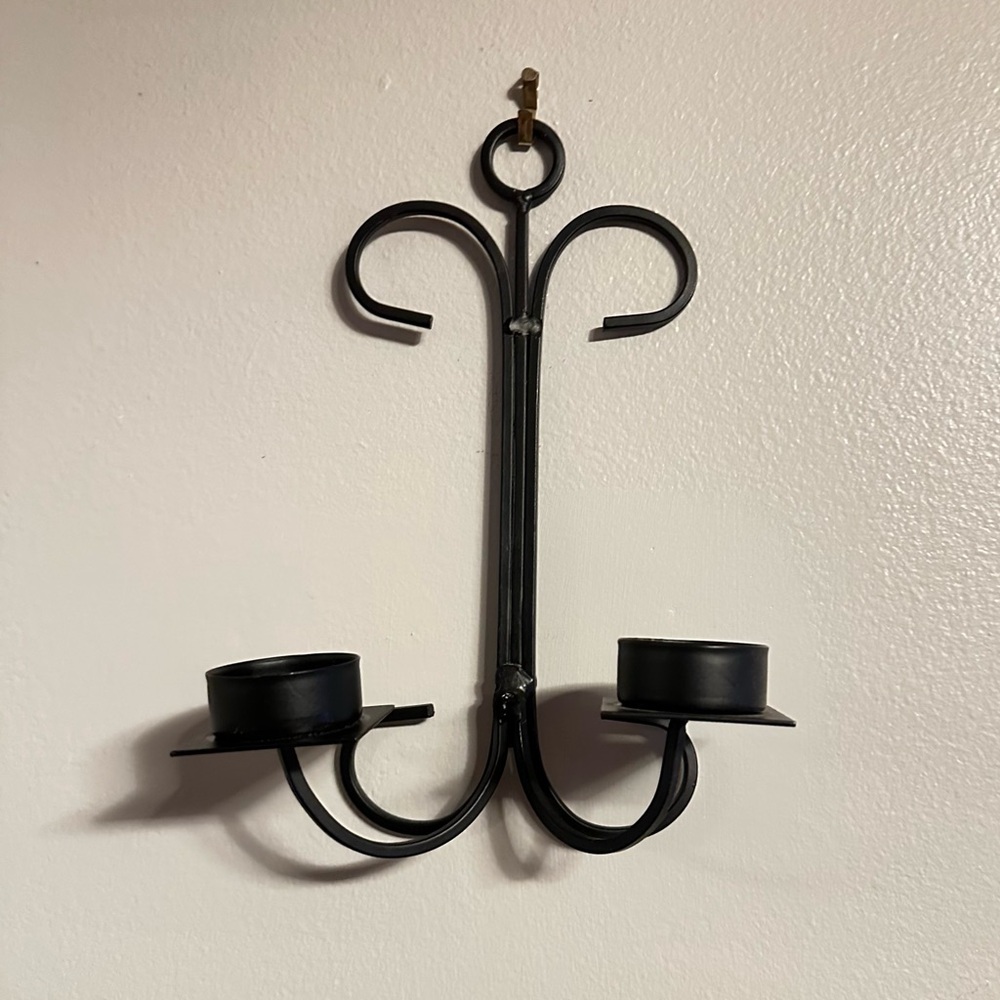 Primitive Black Metal Candle Wall Sconce - Holds 2 Tea Light Candles